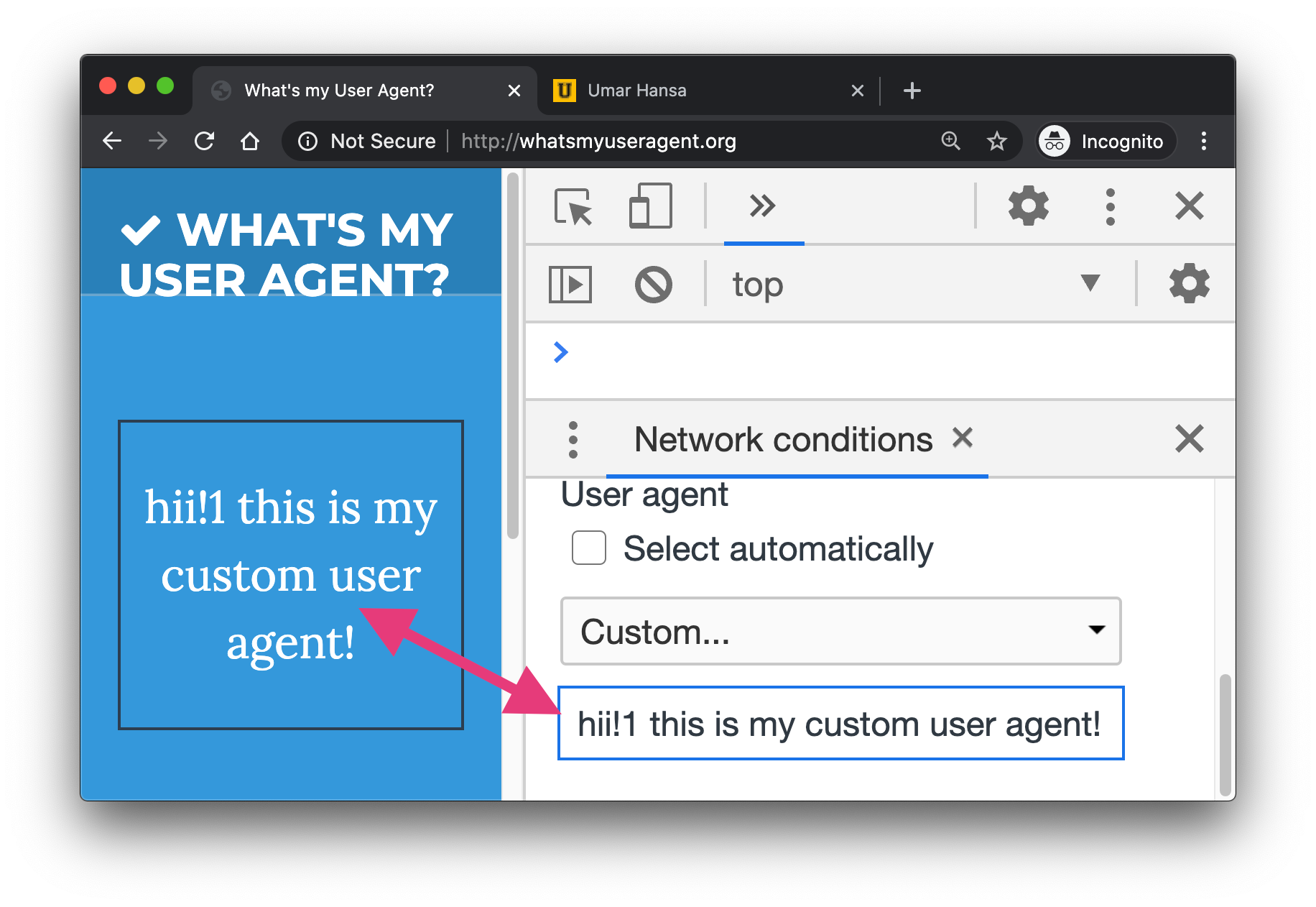 A screenshot showing how to set a custom user agent in DevTools