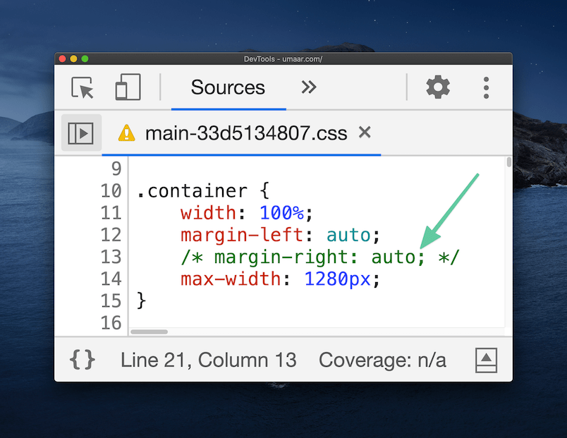 A screenshot showing how DevTools comments out the CSS of a deactivated style