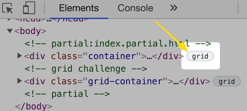 CSS Grid Inspecting in the Elements Panel DOM Tree