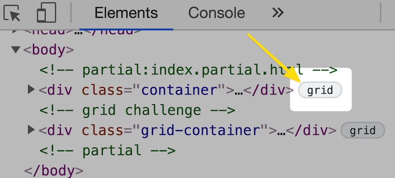 CSS Grid Inspecting in the Elements Panel DOM Tree