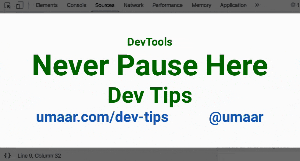 Using the 'Never Pause Here' feature for efficient JavaScript debugging