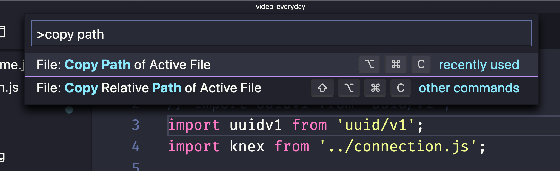 VS Code command palette copy path