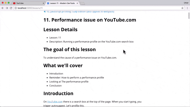 Running a performance profile on the YouTube search box